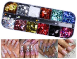NDi Beauty Holographic Nail Glitter Sequins Sparkly 3D Thin Butterfly Flakes - 12 Colors